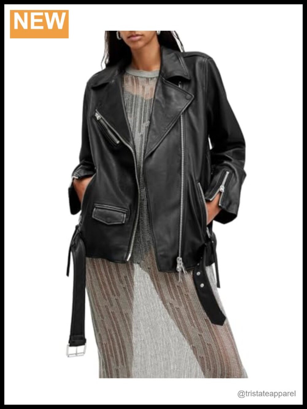 Women's Billie Relaxed Fit Leather Biker Jacket Long Sleeve Zip Closure
